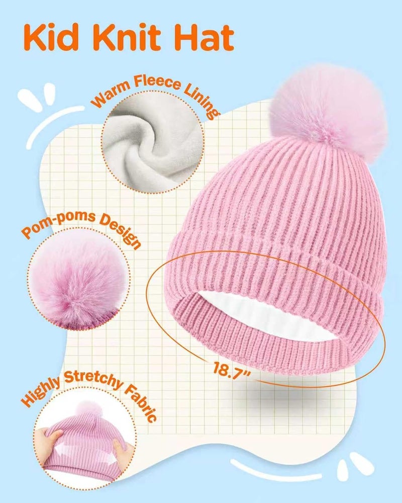 Wandx Kids Winter Hat Gloves Scarf Set Children Pompom Knit Beanie Warm Gloves with Thick Fleece for Boys Girls Ages 4-12 - Image 2